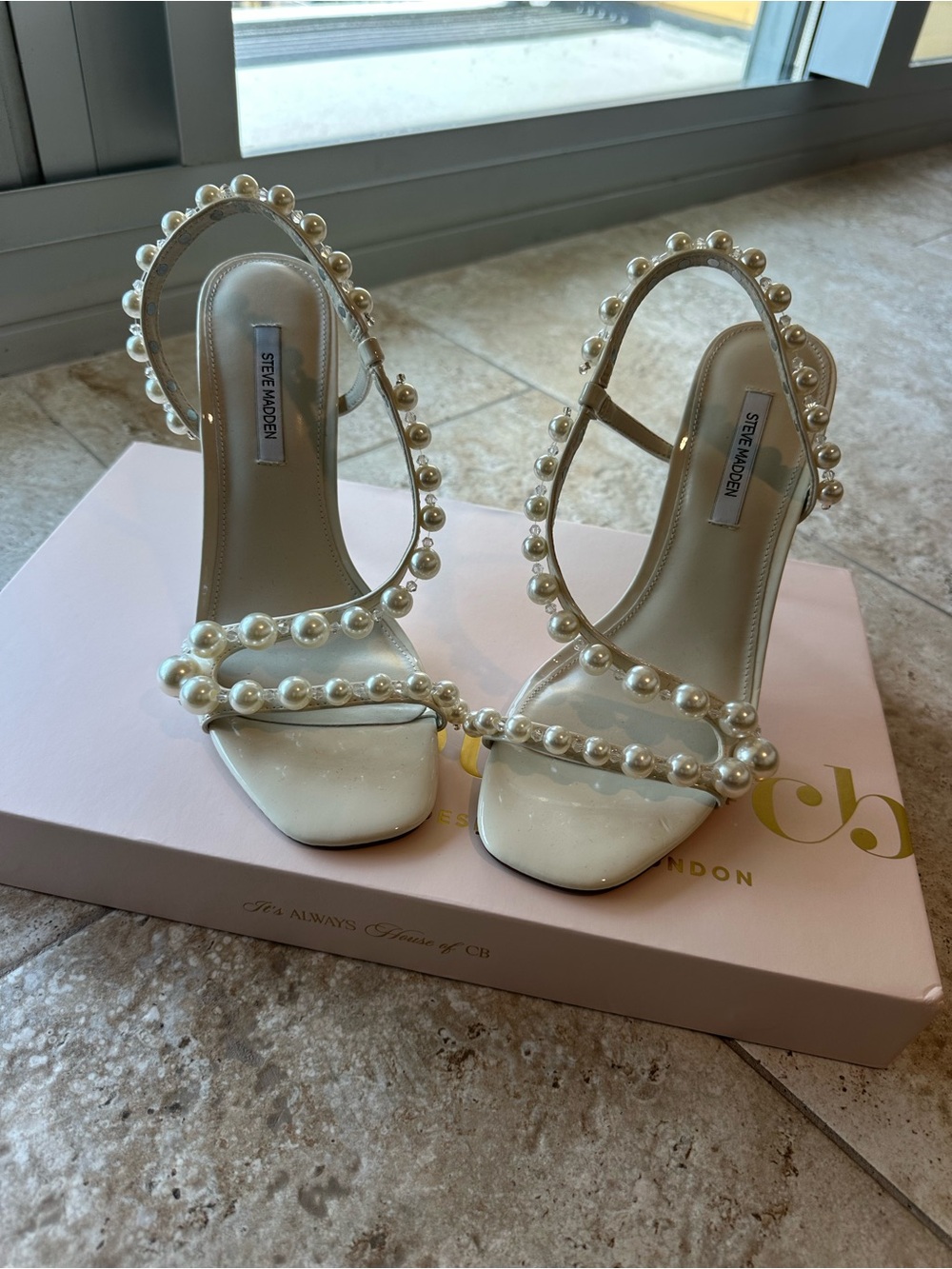 Steve Madden White Pearl-Embellished Strappy Heels - Picture 3 of 3